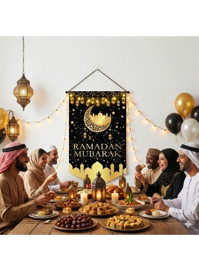 Ramadan Mubarak Hanging Flag Banner, Islamic Wall Decoration, 30x50cm Polyester Porch Sign, Ramadan Kareem Party Supplies, Muslim Fasting Month Home Door Wall Decor (Black & Gold) - Image 4